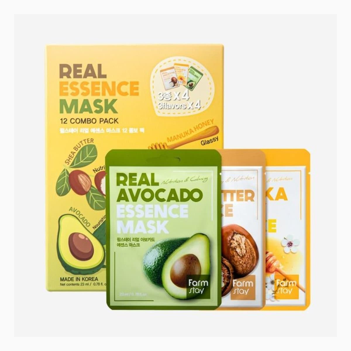 FARMSTAY REAL ESSENCE MASK COMBO PACK V3 (SHEABUTTER, MANUKAHONEY, AVOCADO)