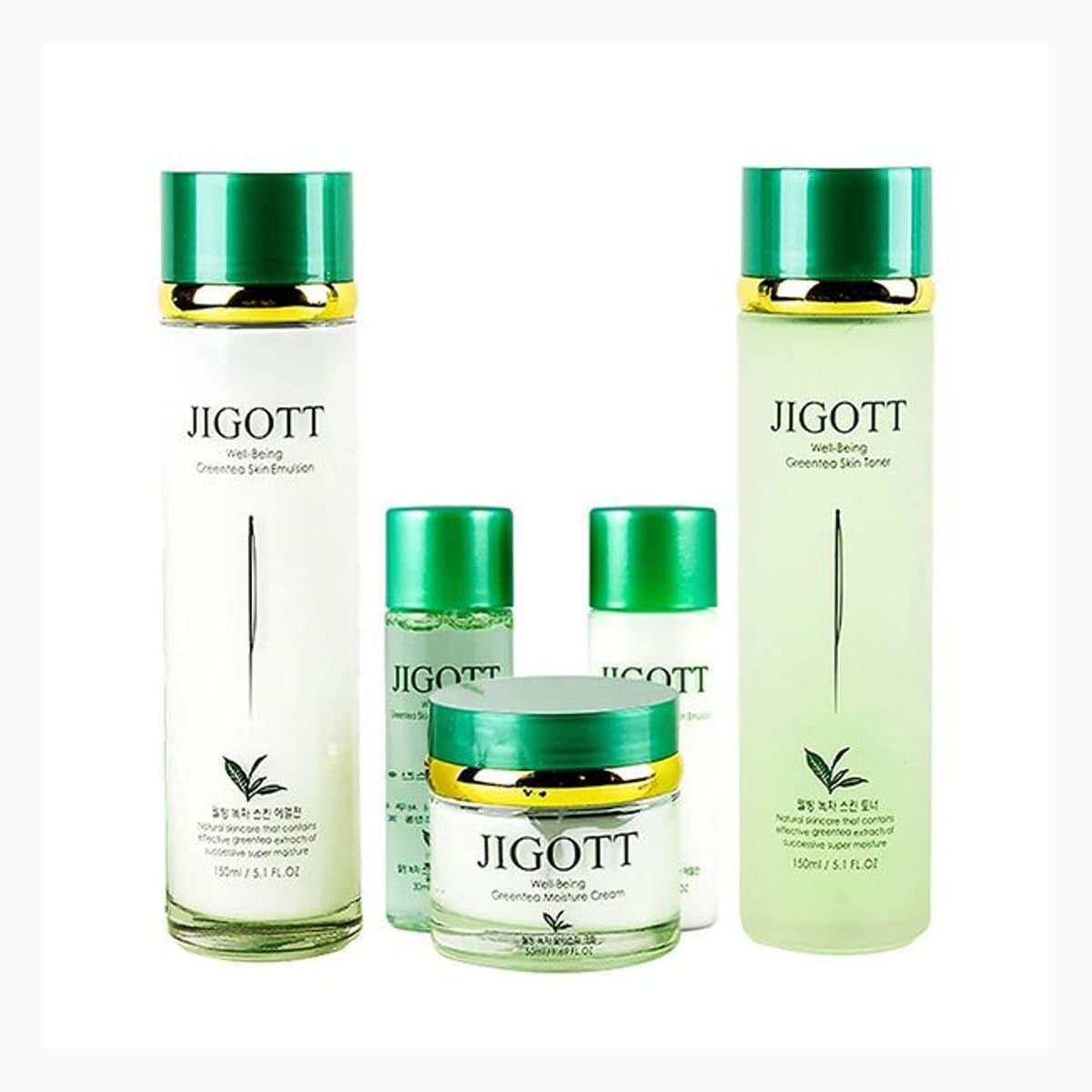 JIGOTT WELL-BEING GREEN TEA SKIN CARE 3SET skin 150ml lotion 150ml cream 50ml skin sample 30ml lotion sample 30ml